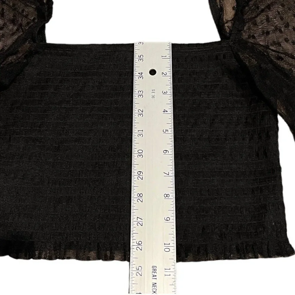 NEW Free People Top Large Black Crop Long Sleeve Polka Dot Mesh Romantic Square‎